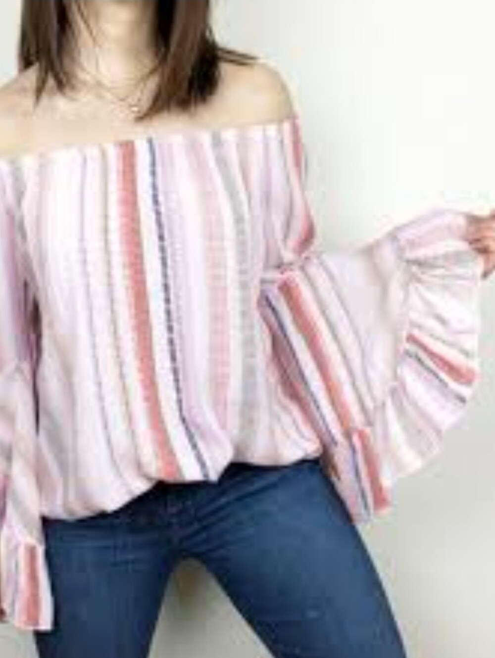 Fever Light Pink Multicolor Stripe Ruffle-Sleeve Blouse